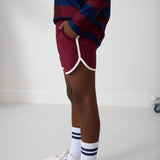 maroon retro super short with white piping