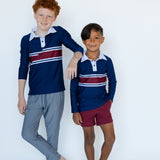 letterman stripe long sleeve rugby polo shirt