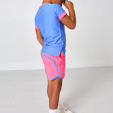 neon pink retro super short with sky blue piping