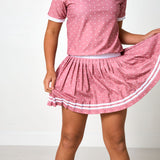 dusty pink polka dot pleated skort