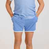 sky blue retro super short with white piping