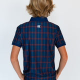 navy/maroon plaid polo shirt