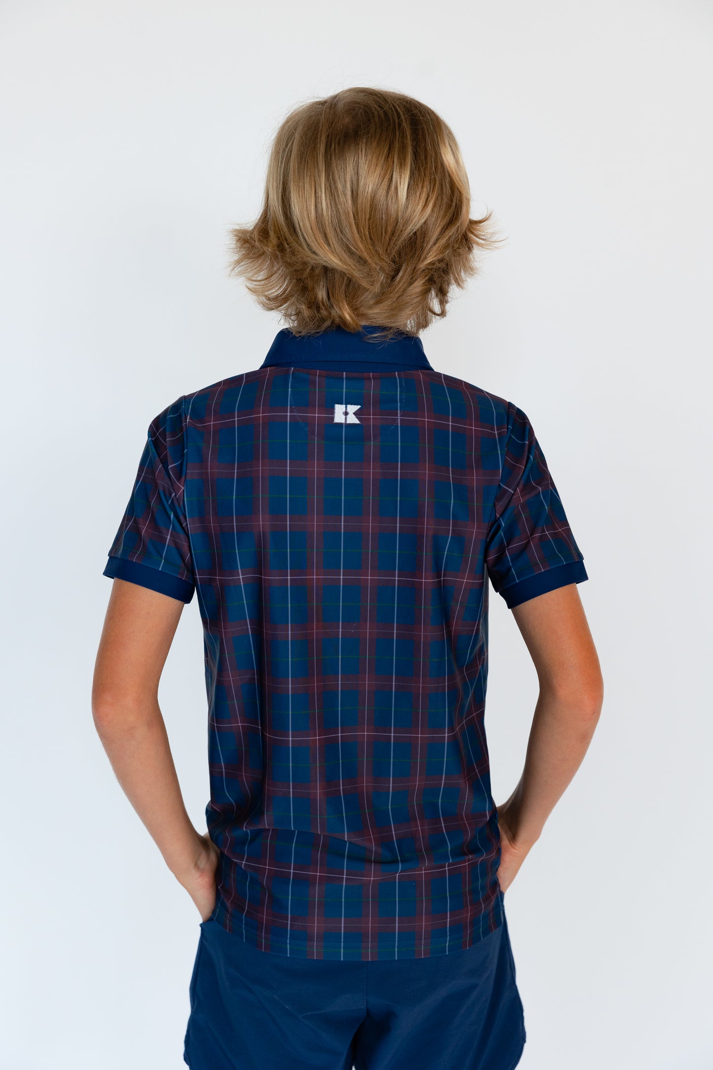 navy/maroon plaid polo shirt